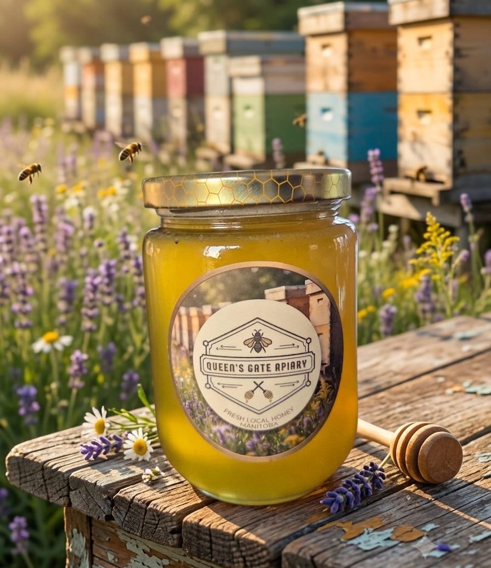 A jar of Queen's Gate raw honey on a weathered table, with painted hives behind it.